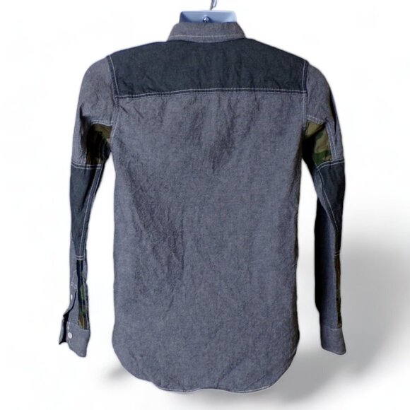 izzue Camo Pocket Denim Patchwork Shirt IZ-X04-ARMY Size Small #663 - Picture 2 of 15